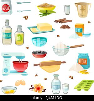 Cartoon cooking and baking ingredients, kitchen utensils. Flour, eggs,  honey, salt. Kitchenware and desserts bakery ingredient vector set.  Isolated supplies and tools for food cooking Stock Vector Image & Art -  Alamy