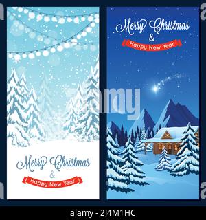 Winter landscape vertical banners with house, trees and mountains at night and day times vector illustration Stock Vector