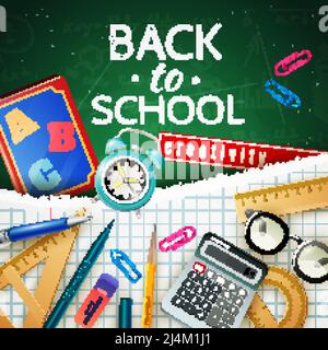 Back to school design concept with calculator protractor triangle ruler alarm clock schoolbook and other pupil accessories flat vector illustration Stock Vector