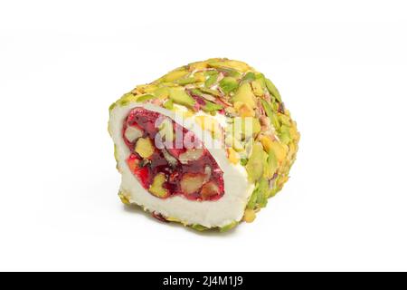 Turkish delicacy isolated on white background. Pistachios,cherry jelly and peanuts Stock Photo
