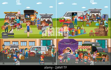 Flea market scene in cartoon style illustration Stock Vector