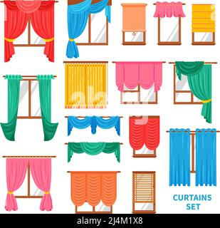 Window colored curtains and blinds flat set for office and creative home interior isolated vector illustration Stock Vector