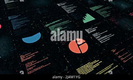 Color abstraction.Animation. A black background on which inscriptions are displayed in abstraction and there are some graphics. Stock Photo