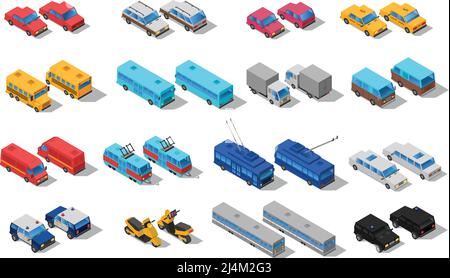 City public transport isometric icons set with school bus taxi automobile and pickup trucks abstract isolated vector illustration Stock Vector