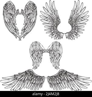 Angel or bird wings abstract sketch set isolated vector illustration Stock Vector