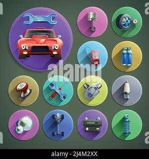 Car repair cartoon round shadow icons set with service and spare parts on grey background isolated vector illustration Stock Vector