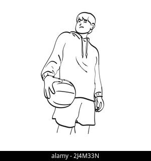 line art half length professional basketball player with ball in hand illustration vector hand drawn isolated on white background Stock Vector