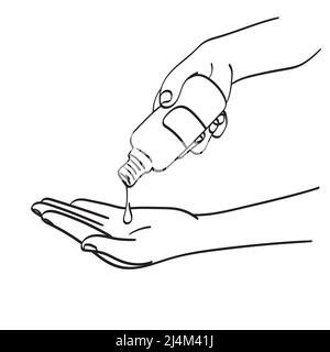 line art hand sanitizer alcohol gel rub clean hands hygiene prevention of coronavirus virus outbreak illustration vector hand drawn isolated on white Stock Vector