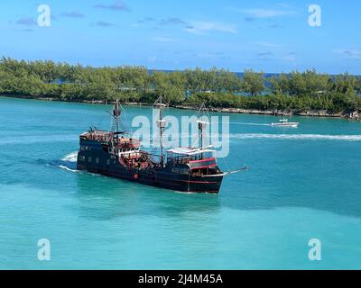 Nassau, Bahamas - October 13, 2021: An aerial view of a pirate ship excursion boat in the cruise ship harbor in Nassau, Bahamas on a sunny day. Stock Photo