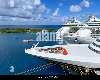 Nassau, Bahamas - October 13, 2021:  The Disney Fantasy, and two Royal Caribbean cruise ships docked at the Nassau, Bahamas port for the day. Stock Photo