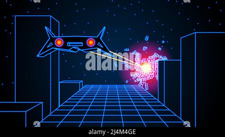 Arcade space ship flying over the road with 3D buildings, 80s style synthwave or retrowave illustration. Battle in the 80s retro game scene. Stock Vector