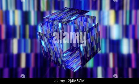 Abstract colorful glowing rectangular block with the moving sides and glowing rays. Motion. Purple and blue shimmering tiles on the background. Stock Photo