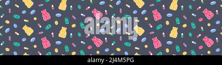 Seamless pattern with pills and jelly bears. Biologically active supplements and vitamins on gray background. Vector illustration. Stock Vector