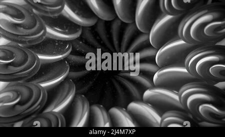 Grey monochrome floral spiral shapes in looped animated background. Motion. Transforming black and white fractals. Stock Photo