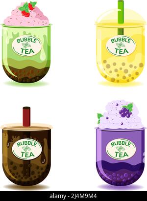A set of different types of tea. Flat style painted elements. Fancy drinks. Green tea, matcha milk, cacao brownie and fruity, consisting of mixed frui Stock Vector