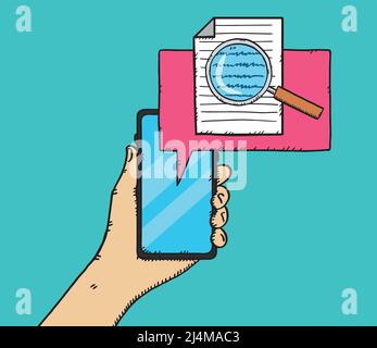 Hand drawn colorful doodle illustration of hand holding mobile phone with magnifying glass and document Stock Vector