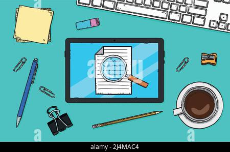 Hand drawn colorful doodle illustration of tablet with magnifying glass and document on screen. Stock Vector