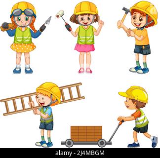Set of construction site objects and workers illustration Stock Vector