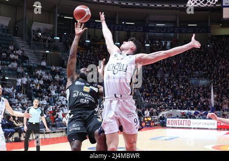 during the series A1 of italian LBA basketball championship match Kigili Fortitudo Bologna Vs. Dolomiti energia Trento at the Paladozza sports palace - Bologna, April 16, 2022 - Photo: Michele Nucci Stock Photo