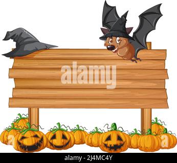 Blank wooden signboard with bat in halloween theme illustration Stock Vector