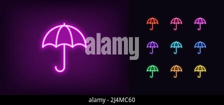 Outline neon umbrella icon. Glowing neon umbrella sign, parasol pictogram. Fashion accessory, rain and water protection, moisture resistant, protectiv Stock Vector
