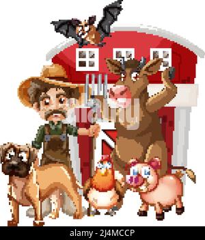 Farmer and many farm animals illustration Stock Vector Image & Art - Alamy