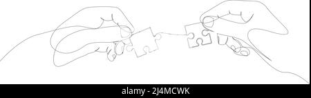 continuous line drawing of hands solving jigsaw puzzle Stock Vector