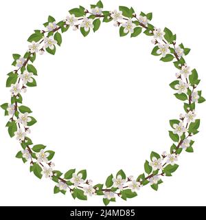 Round wreath of cherry or apple tree. Frame with white flowers. Spring blooming composition with buds and leaves. Festive decoration for wedding, holiday, postcard and design. Vector flat illustration Stock Vector
