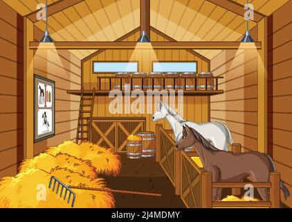 Stable scene with two horses resting illustration Stock Vector