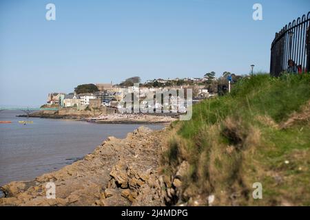 General view of Clevedon, Somerset, showing the pier and housing on the sea front on a sunny day. Stock Photo