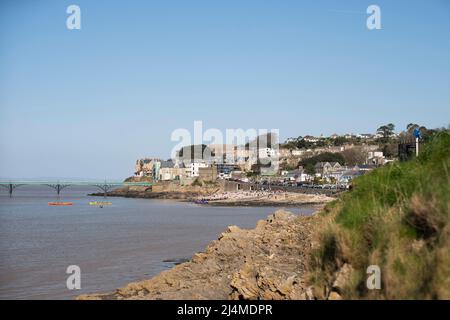 General view of Clevedon, Somerset, showing the pier and housing on the sea front on a sunny day. Stock Photo