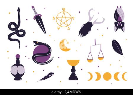 Set of witchcraft elements. Hand drawn collection in clean modern style. Wiccan themed illustrations, mysticism, spiritualism. Vol.1 Stock Vector