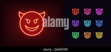 Outline neon devil emoji icon. Glowing neon evil emoticon with horns and smile, demon face pictogram. Mockery emoji, grin devil face, ridicule monster Stock Vector