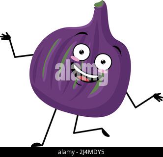 Fig character with crazy happy emotion, joyful face, smile eyes, arms and legs. Person with funny expression, violet fruit emoticon. Vector flat illustration Stock Vector