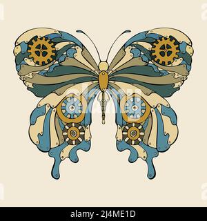 Steampunk butterfly doodle hand drawn fantastic mechanical, butterfly with gears. isolated. Vector illustration Stock Vector