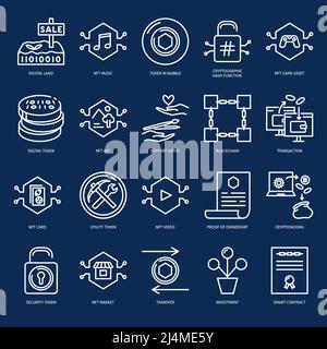 NFT icon set in thin line style. Virtual property and digital money symbols. Non fungible token technology. Vector illustration. Stock Vector