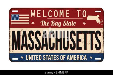 Welcome to Massachusetts vintage rusty license plate on a white background, vector illustration Stock Vector
