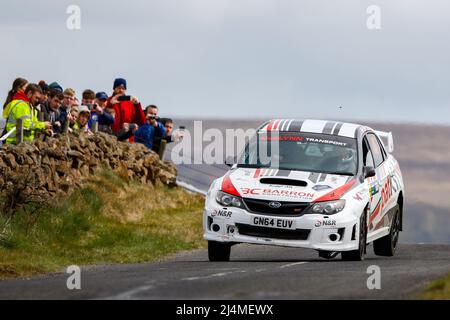 16th April 2022, Ballymena, County Antrim, Northern Ireland, United Kingdom; Circuit of Ireland International Rally, Round 3 of the Irish Tarmac Rally Championship: Paul Britton and Peter Ward (Subaru Impreza) were crowd pleasers with their spectacular driving Stock Photo