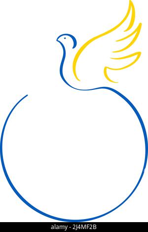 Calligraphy linear dove logo and round frame for text in colors of Ukrainian flag. Stop the war in Ukraine. A symbol of peace. Vector illustration Stock Vector