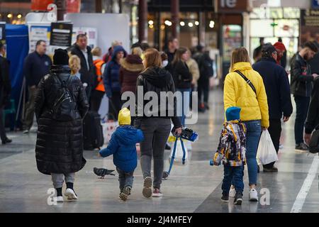 Bucharest, Romania - April 12, 2022: Ukrainian refugees arrives at North Railway Station to escape Vladimir Putin's war against Ukraine. Stock Photo