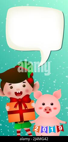 New Year vertical banner template. Cute baby pig, elf holding gift and blank speech bubble. Festive design can be used for greeting cards, flyers, pos Stock Vector