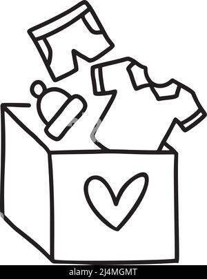 Vector Clothes donating linear icon. Thin monoline illustration. Donation box with t-shirt, hat and others. Used clothes. Charity contour symbol Stock Vector