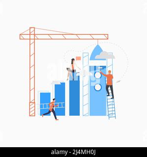 Working on startup flat icon. Team, workgroup, analyst. Business concept. Can be used for topics like marketing research, new idea, working on project Stock Vector