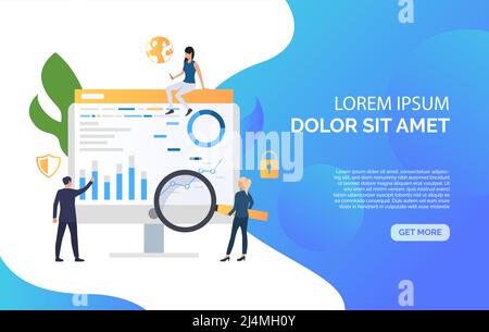 Businesspeople and computer screen with graphs vector illustration. Seo, data, analysis, analytics. Marketing concept. Creative design for layouts, we Stock Vector