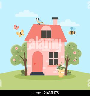 Cute house, welcome spring card with cute elements. Hand drawn flat cartoon elements. Vector illustration Stock Vector
