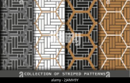 Collection of Herringbone parquet laminate floor wall texture with honeycomb. Seamless patterns Stock Vector