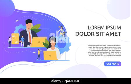 Teamwork flat icon. Working at laptop, team members, gear, process. Business concept. Can be used for topics like leadership, communication, startup Stock Vector