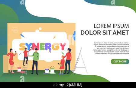 People writing word synergy on wall and sample text. Cooperation, management, teamwork concept, presentation slide template. Can be used for topics li Stock Vector