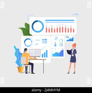 Business people analyzing financial charts on computers. Analysis, management, technology concept. Vector illustration can be used for topics like bus Stock Vector