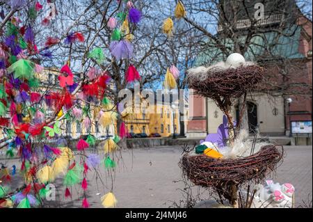Easter decorations at the German square in front of Hedvig’s Church during early spring.  Norrkoping is a historic industrial town. Stock Photo